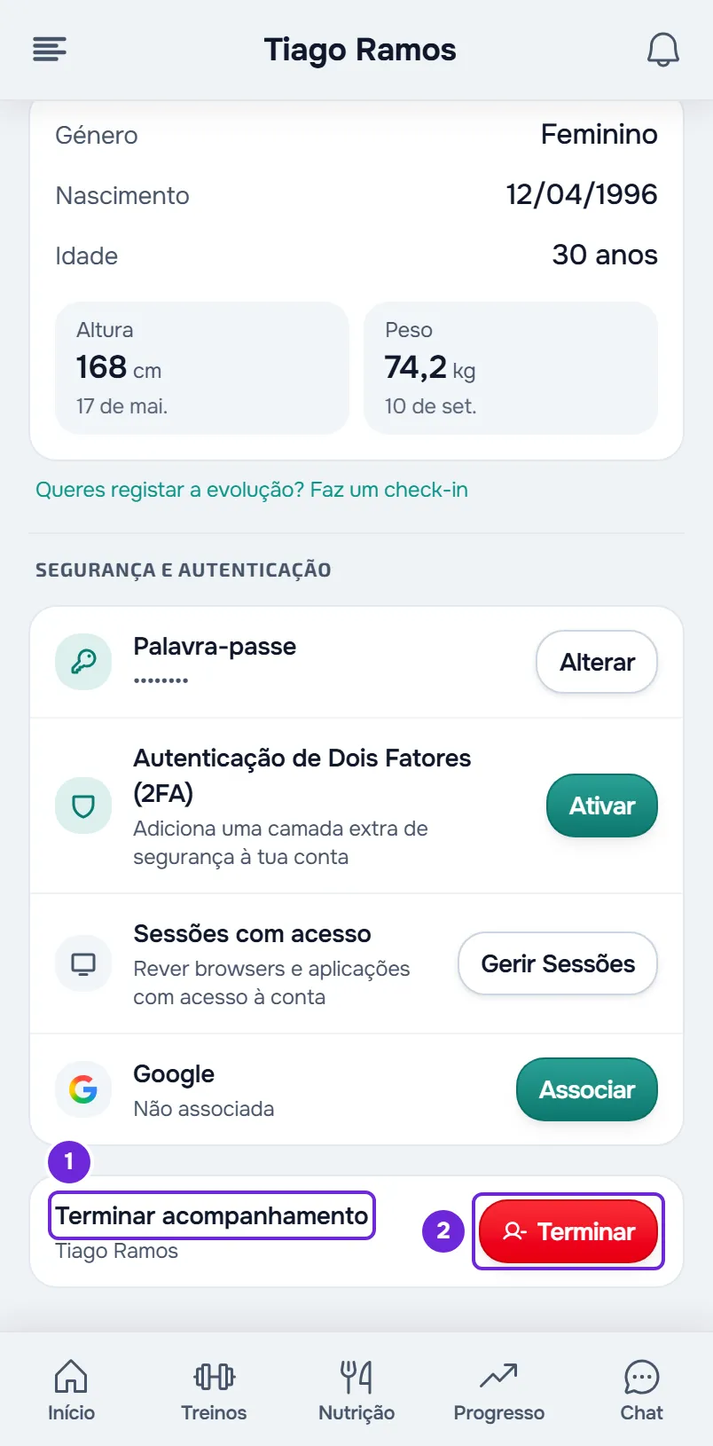 Fim do Perfil nas Definições, no telemóvel, com a linha Terminar acompanhamento e o botão Terminar assinalados.