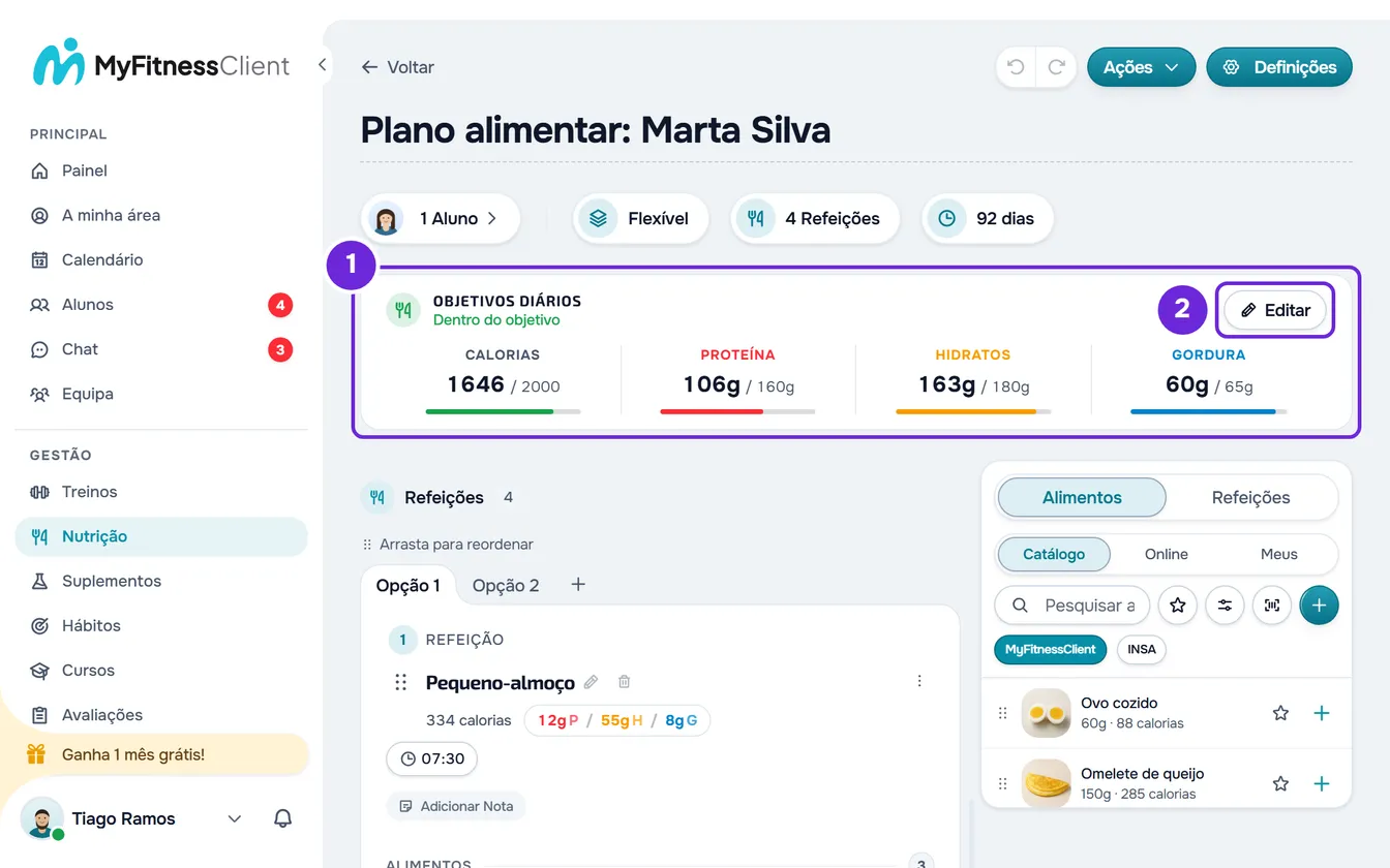 Editor de um plano com o cartão Objetivos Diários em Dentro do objetivo: 1646 de 2000 calorias, proteína, hidratos e gordura, e o botão Editar.