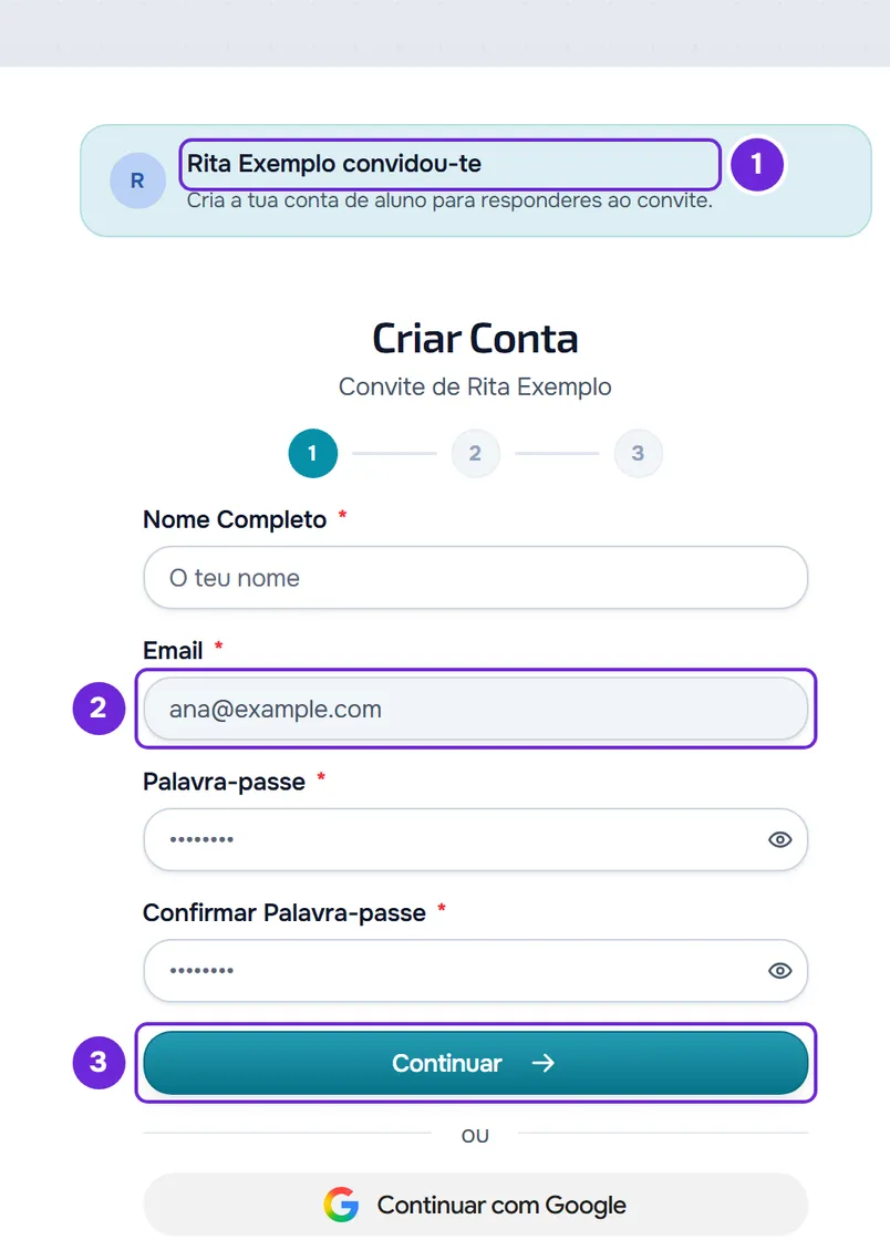 Registo aberto pelo convite como conta de aluno, com o cartão do convite, o email já preenchido e bloqueado e o botão Continuar assinalados.