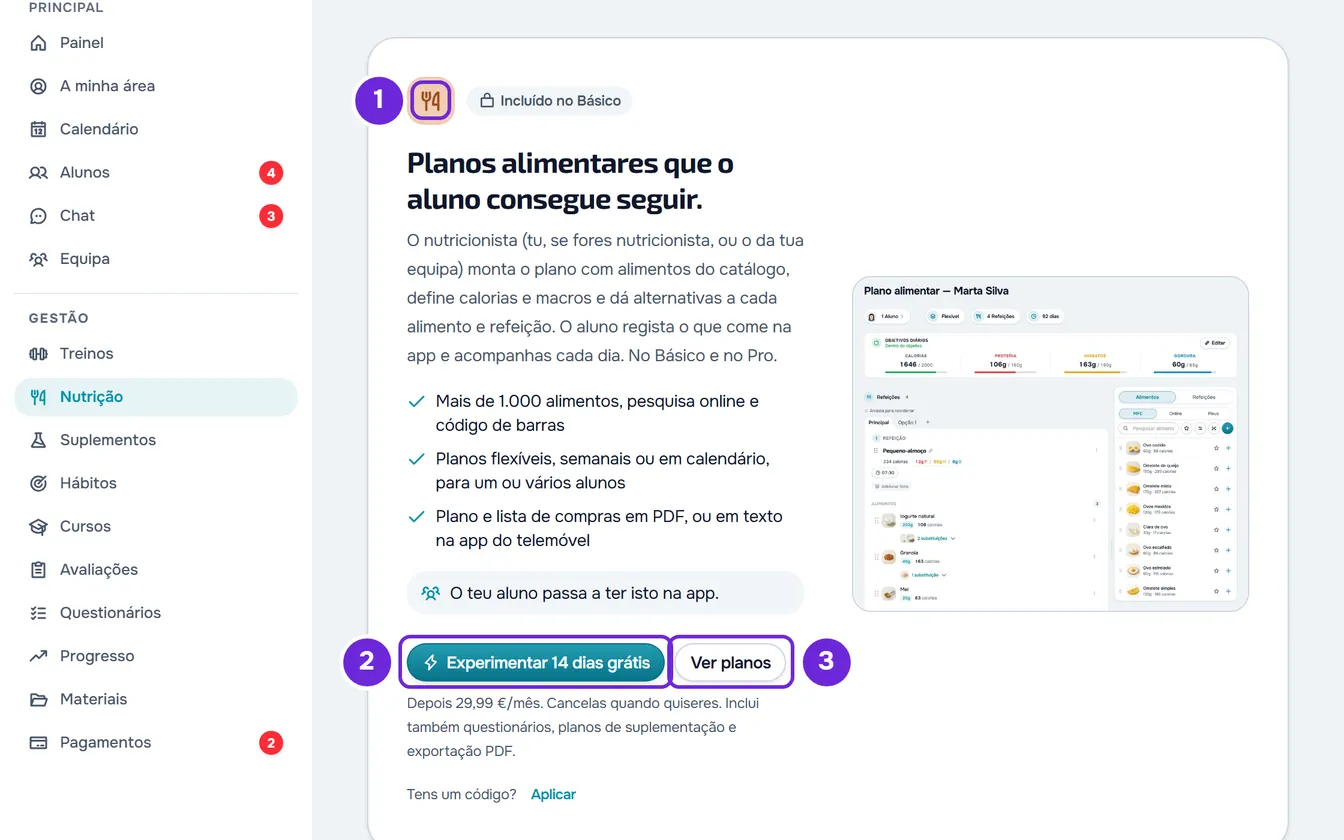 Página Nutrição bloqueada: o ícone, a etiqueta Incluído no Básico, o botão principal, Ver planos, o preço e a imagem da página.