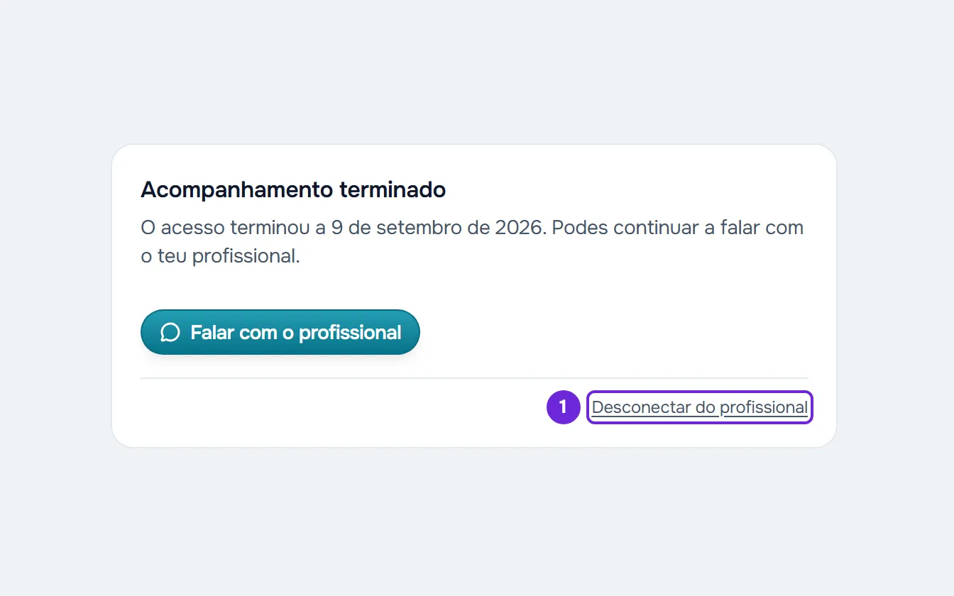 Cartão Acompanhamento terminado do Início, com a ligação Desconectar do profissional assinalada no fundo do cartão.