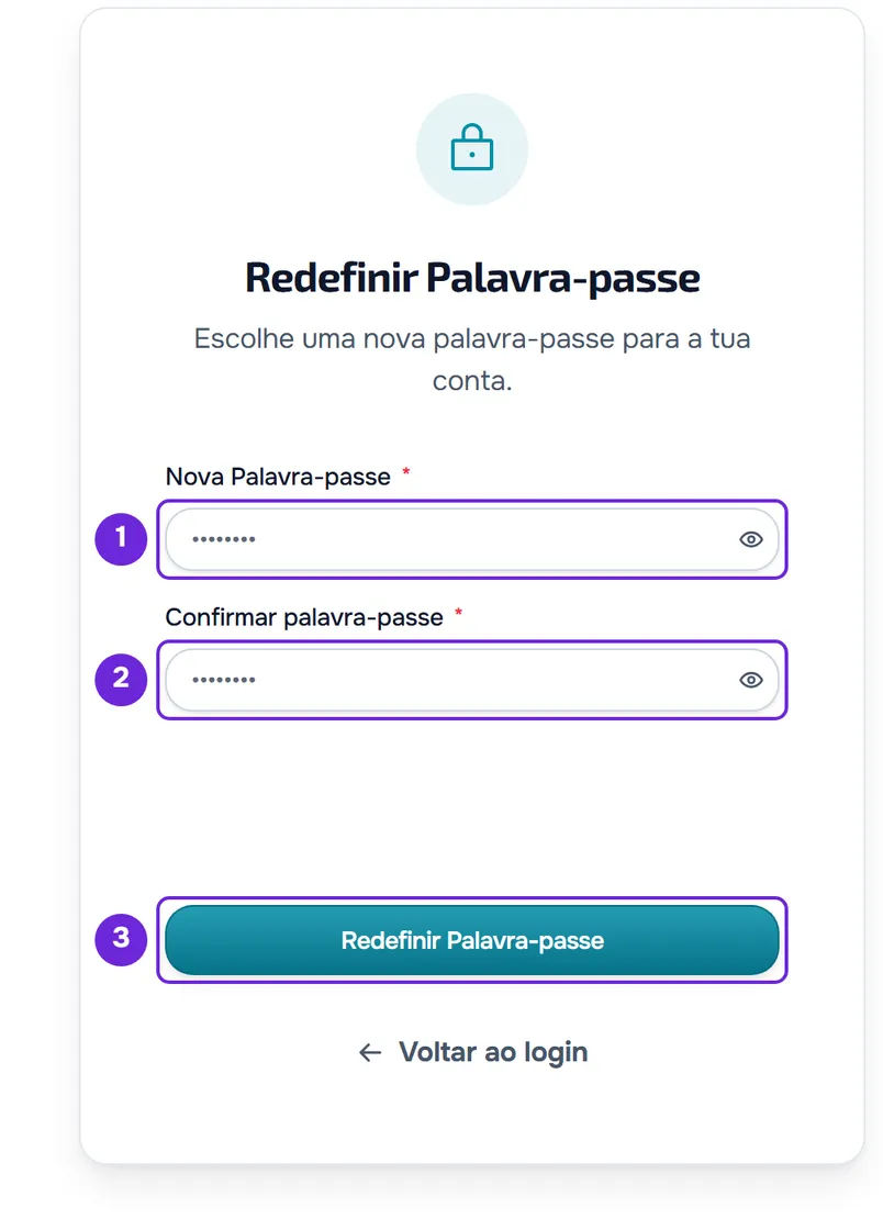 Cartão Redefinir Palavra-passe com cadeado, Nova Palavra-passe, Confirmar palavra-passe e o botão do mesmo nome assinalados, e Voltar ao login.