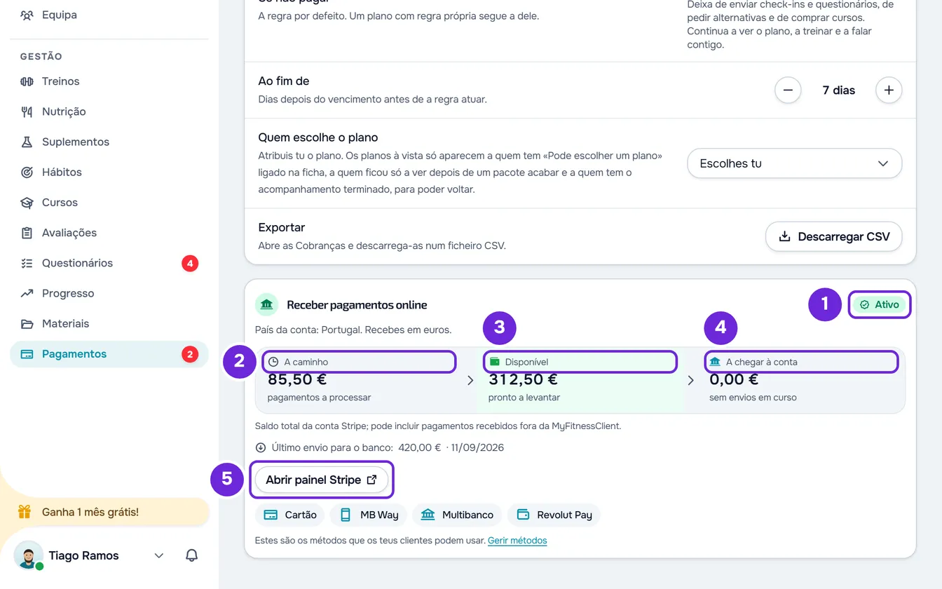 Cartão Receber pagamentos online com o selo Ativo, os valores A caminho, Disponível e A chegar à conta e o botão Abrir painel Stripe.