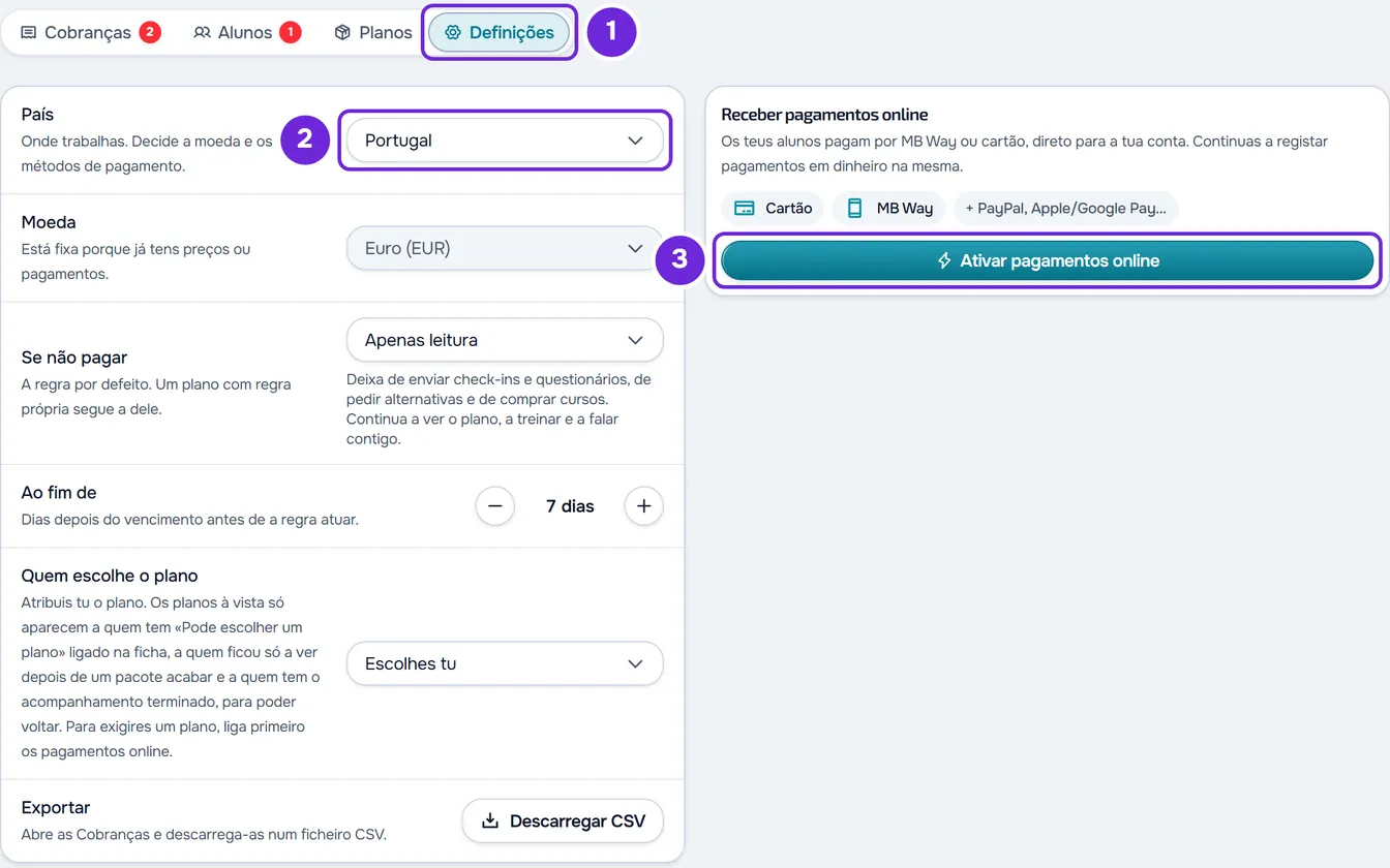 Separador Definições com a linha País e o cartão Receber pagamentos online com o botão Ativar pagamentos online.