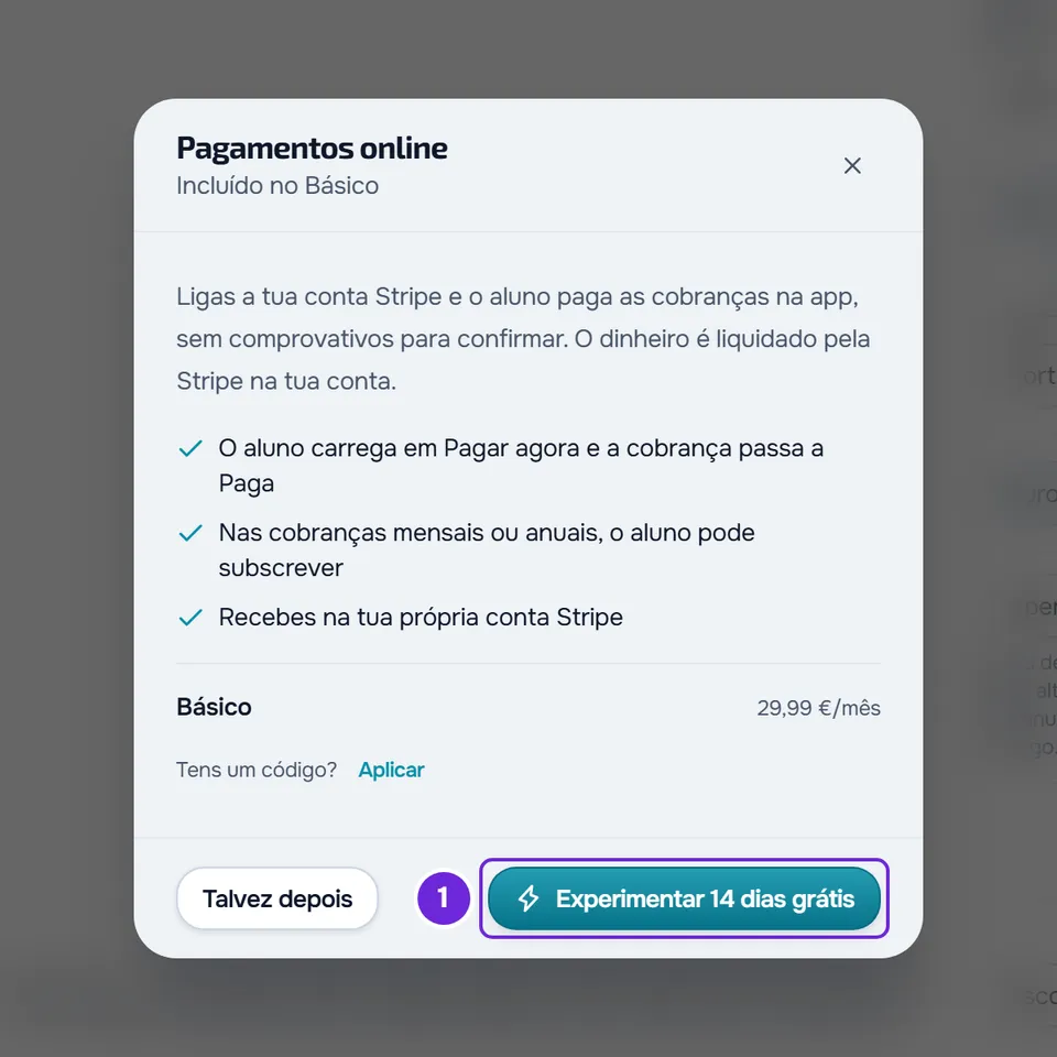 Janela Pagamentos online de uma conta cujo plano não os inclui, com o plano Básico, o preço por mês e o botão para o experimentar 14 dias grátis.