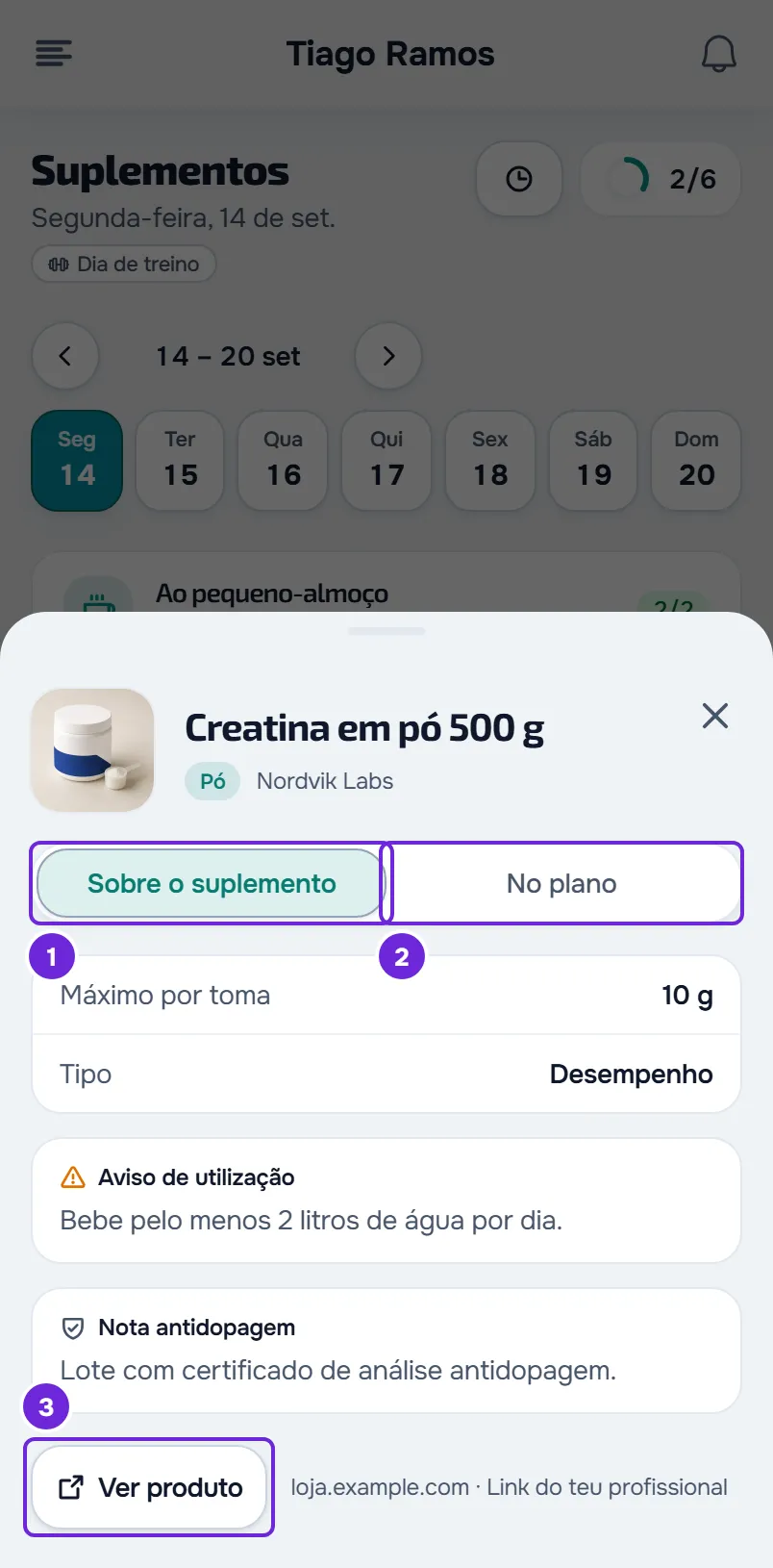 Ficha da Creatina em pó no separador Sobre o suplemento, junto a No plano: Máximo por toma, Tipo, Aviso de utilização, Nota antidopagem e Ver produto.