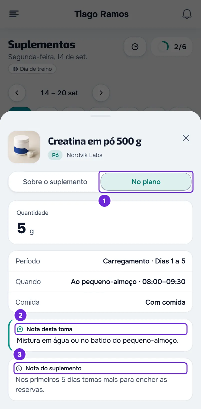 A mesma ficha no separador No plano: Quantidade de 5 g, Período Carregamento dos dias 1 a 5, Quando, Comida, Nota desta toma e Nota do suplemento.