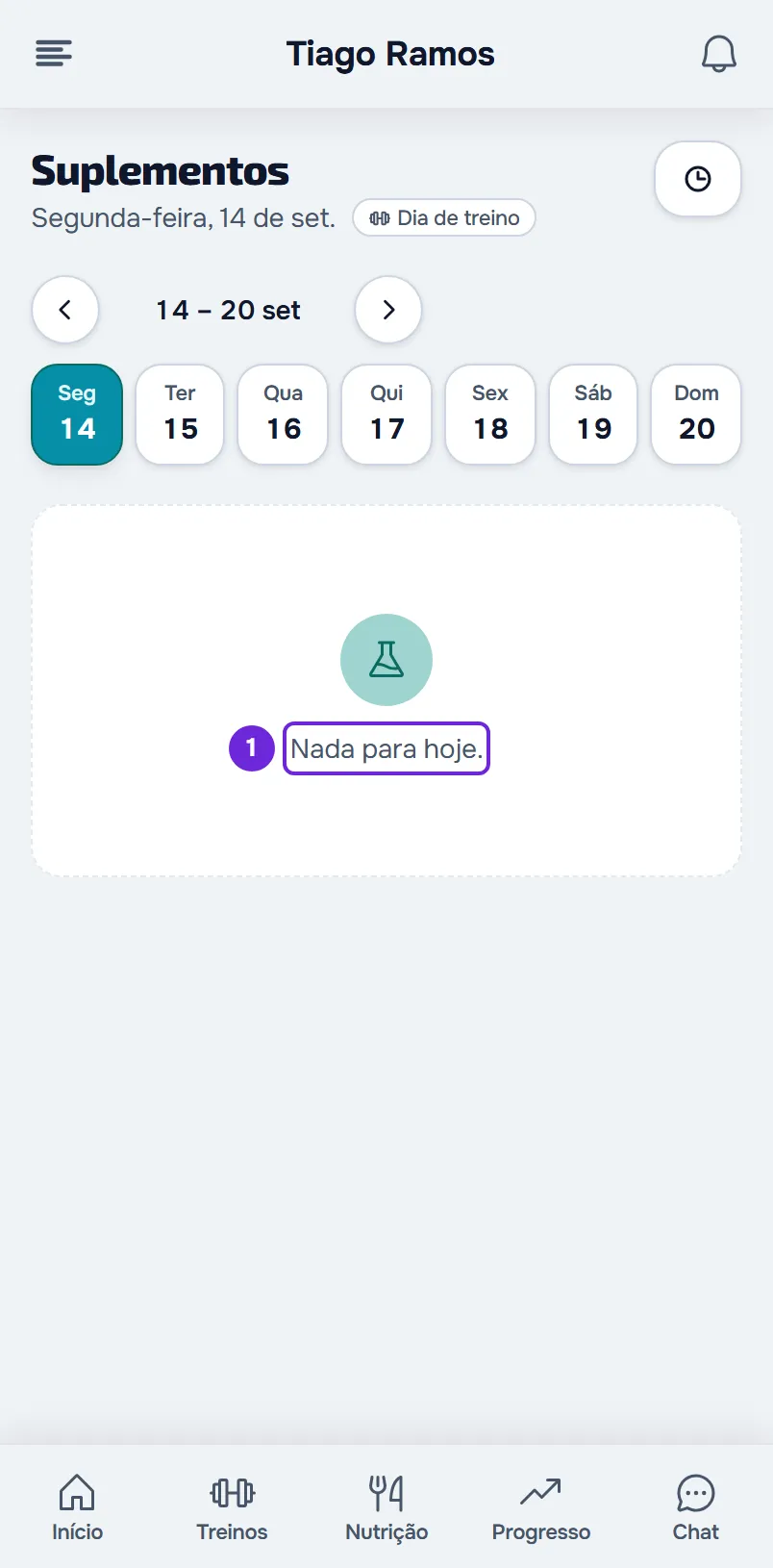 Página Suplementos num dia sem tomas: a data com Dia de treino, a faixa da semana na segunda-feira 14 e «Nada para hoje.» por baixo.