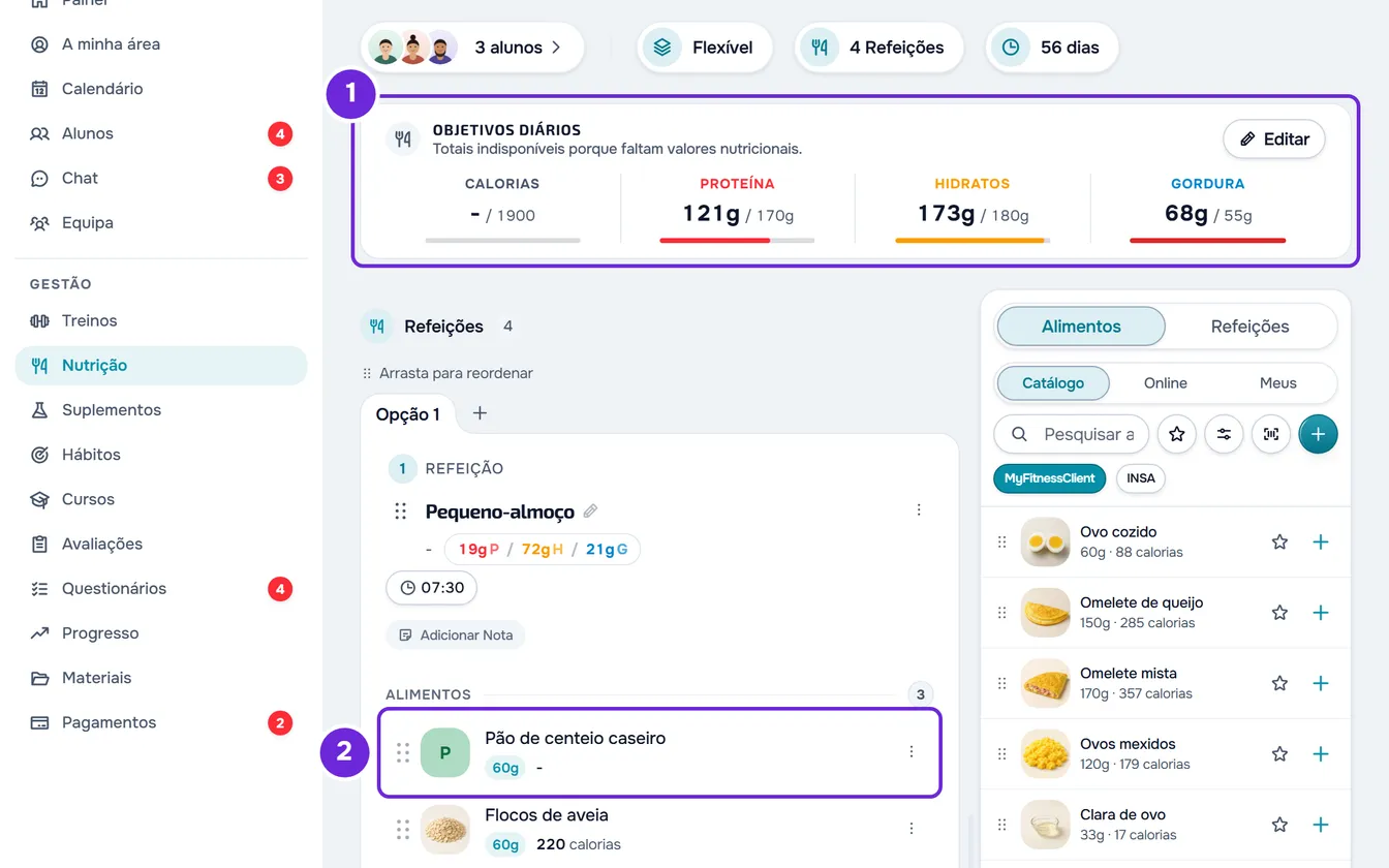 Cartão Objetivos Diários com «Totais indisponíveis porque faltam valores nutricionais.» e um alimento com «-» nas calorias.